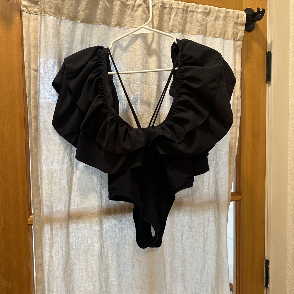 Zara Black Ruffled One Piece Swimsuit